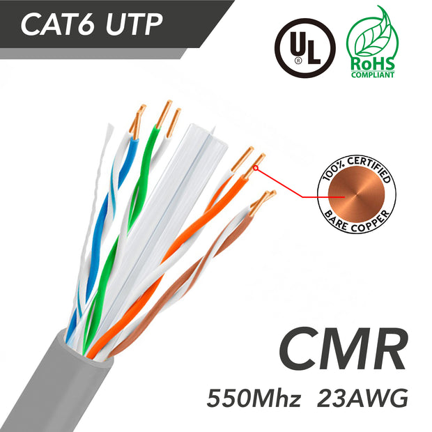 1000ft Cat.6 UTP 23AWG Solid CMR Bulk Cable Gray, UL Listed