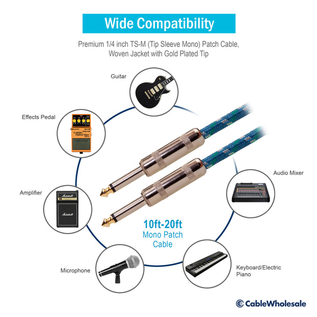 Premium 1/4 inch Mono Patch Cable, 1/4 Male, Woven Jacket