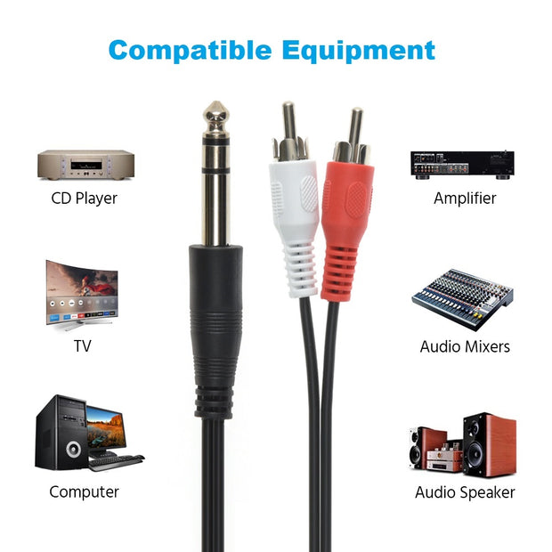 15Ft 1/4" Stereo Plug to 2 x RCA Plug