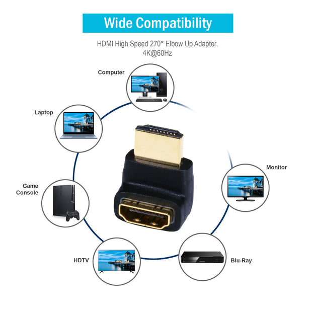 HDMI 270 Degree Port Saver Adapter - Up, HDMI Type-A Male to HDMI Type-A Female,  4K 60Hz, Black