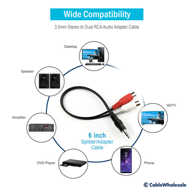 3.5mm Stereo to Dual RCA Audio Adapter Cable, 3.5mm Male to Dual RCA Female (Red/White), 6 inch
