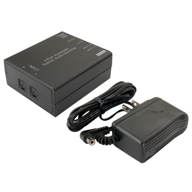 2 Port Toslink Digital Audio Powered Auto Switch, 2 Toslink inputs to 1 Toslink output, Auto and Manual Switching