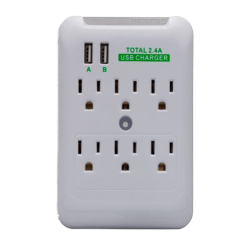 6-Outlet Surge Protector Wall Tap with Dual USB A Charging Ports - 2.4A Total, White