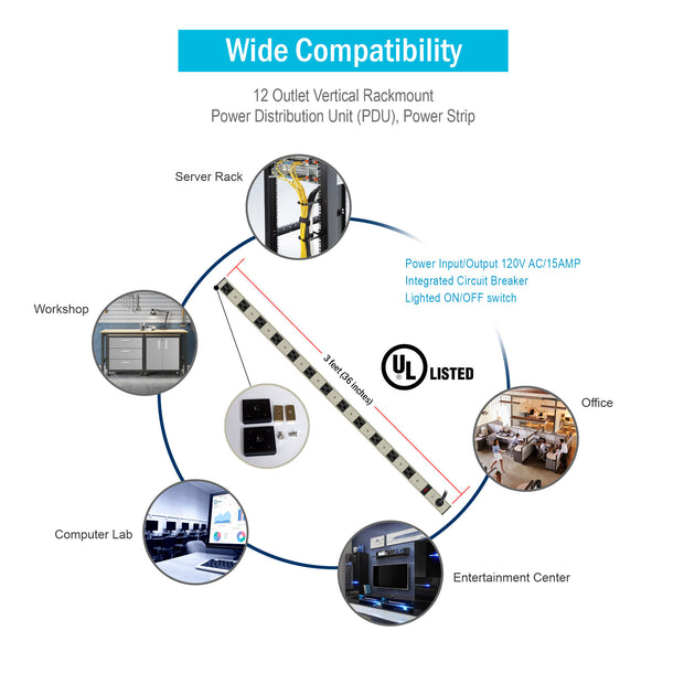 12 Outlet Vertical Rackmount Power Distribution Unit (PDU), Power Strip, 15A with 6ft Power Cord