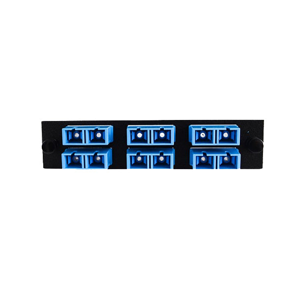 LGX Compatible Adapter Plate featuring a Bank of 6 Singlemode Duplex SC Connectors in Blue for OS1 and OS2 applications, Black Powder Coat