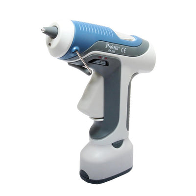 Battery Operated Hot Glue Gun.  Cordless.  requires 4 AA batteries(not included).  includes 3 glue sticks