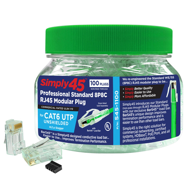 Simply45 Cat6 RJ45 Crimp Connectors, Solid/Stranded 23AWG, Green Tint, Hi/Lo Stagger, Bar45™, Jar 100 pieces