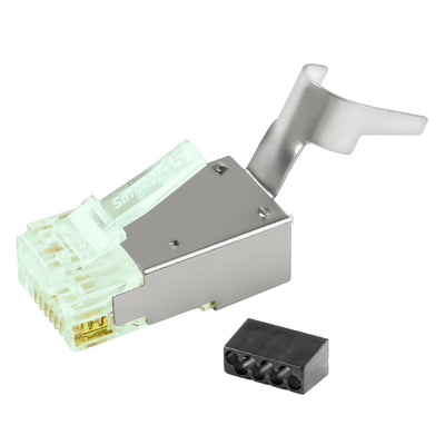 Simply45 Shielded Cat6 RJ45 Crimp Connectors, external ground, Solid/Stranded 23AWG, Green Tint, Hi/Lo Stagger, Bar45™, Jar 50 pieces