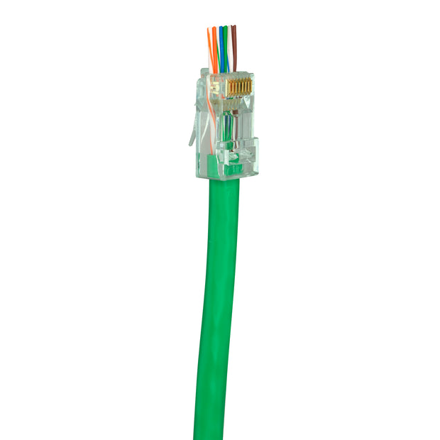 Simply45 Cat6 Pass Through RJ45 Crimp Connectors, Solid 23AWG/Stranded 26-24AWG, Green Tint, Jar 100 pieces