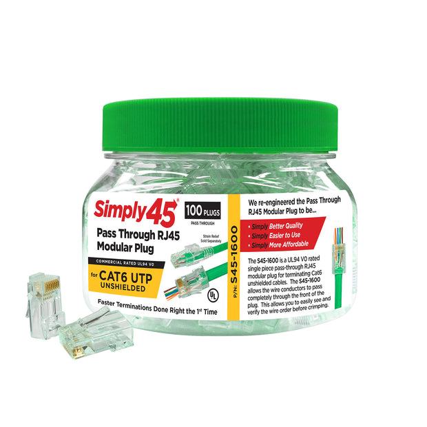 Simply45 Cat6 Pass Through RJ45 Crimp Connectors, Solid 23AWG/Stranded 26-24AWG, Green Tint, Jar 100 pieces